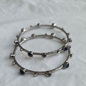 Silver-Tone Bangle Bracelet Set with Blue Crystal Accents